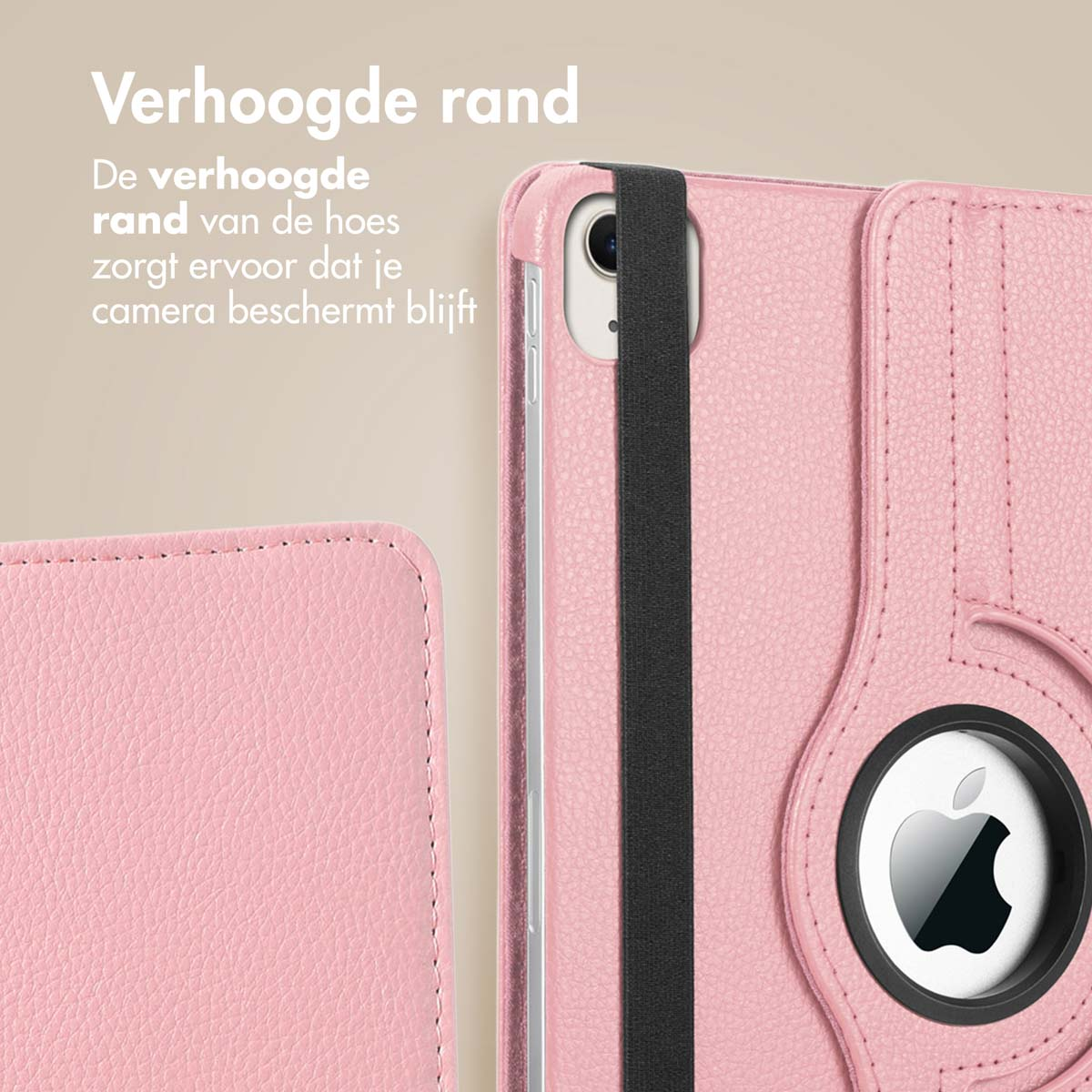 Pink tablet case showing a close-up of the edge, a black strap, and the Apple logo.