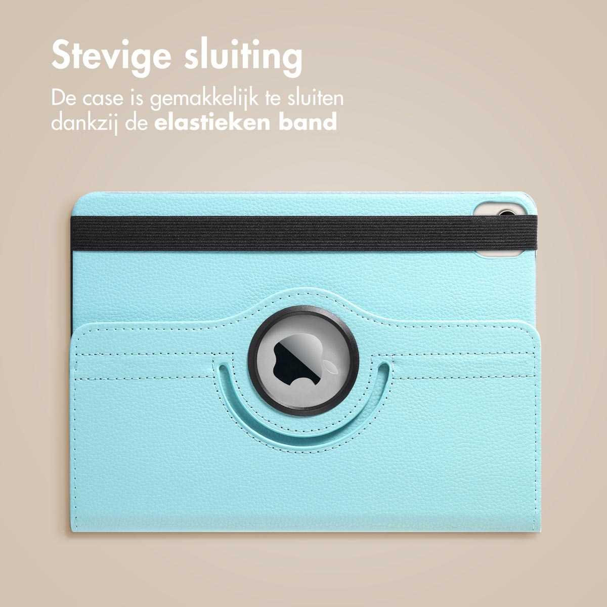 A light blue tablet case with an elastic band closure. The case has a camera hole and card holder.