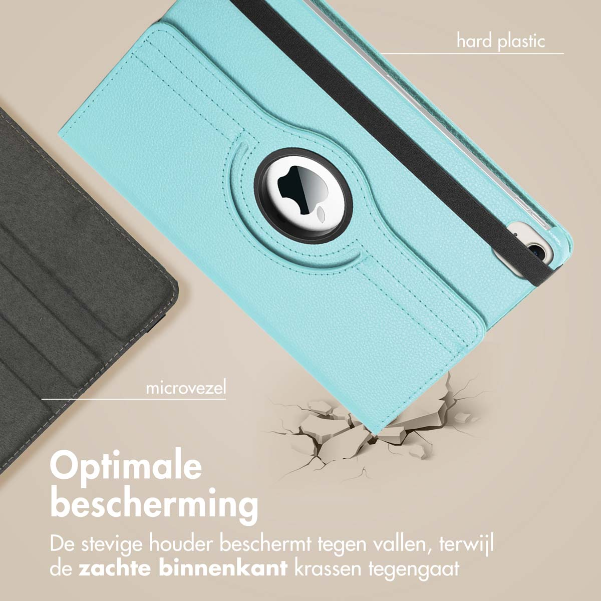 Blue tablet case with a rotating stand. The case is made of hard plastic and microfibre.