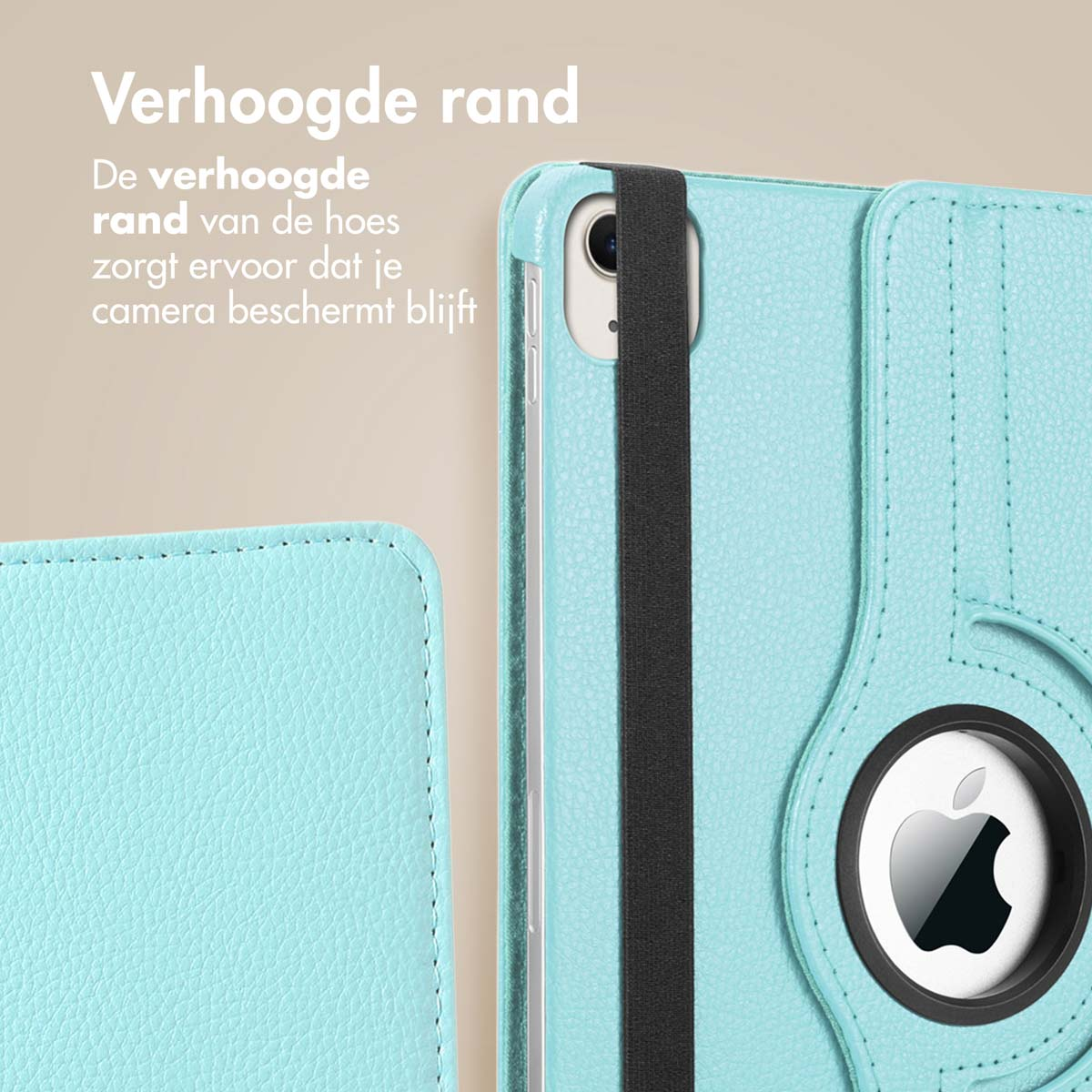 Light blue tablet case with Apple logo, elastic band, and hard plastic.