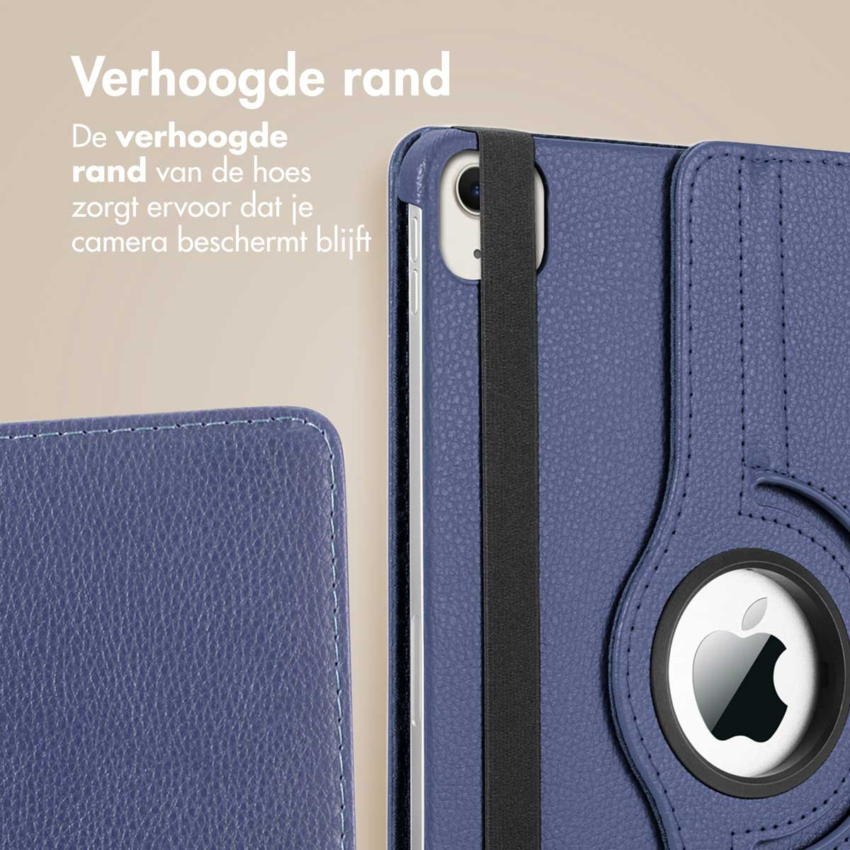 Blue leather tablet case with a phone. Text: De verhoogde rand van de hoes zorgt ervoor dat je camera beschermt blijft.