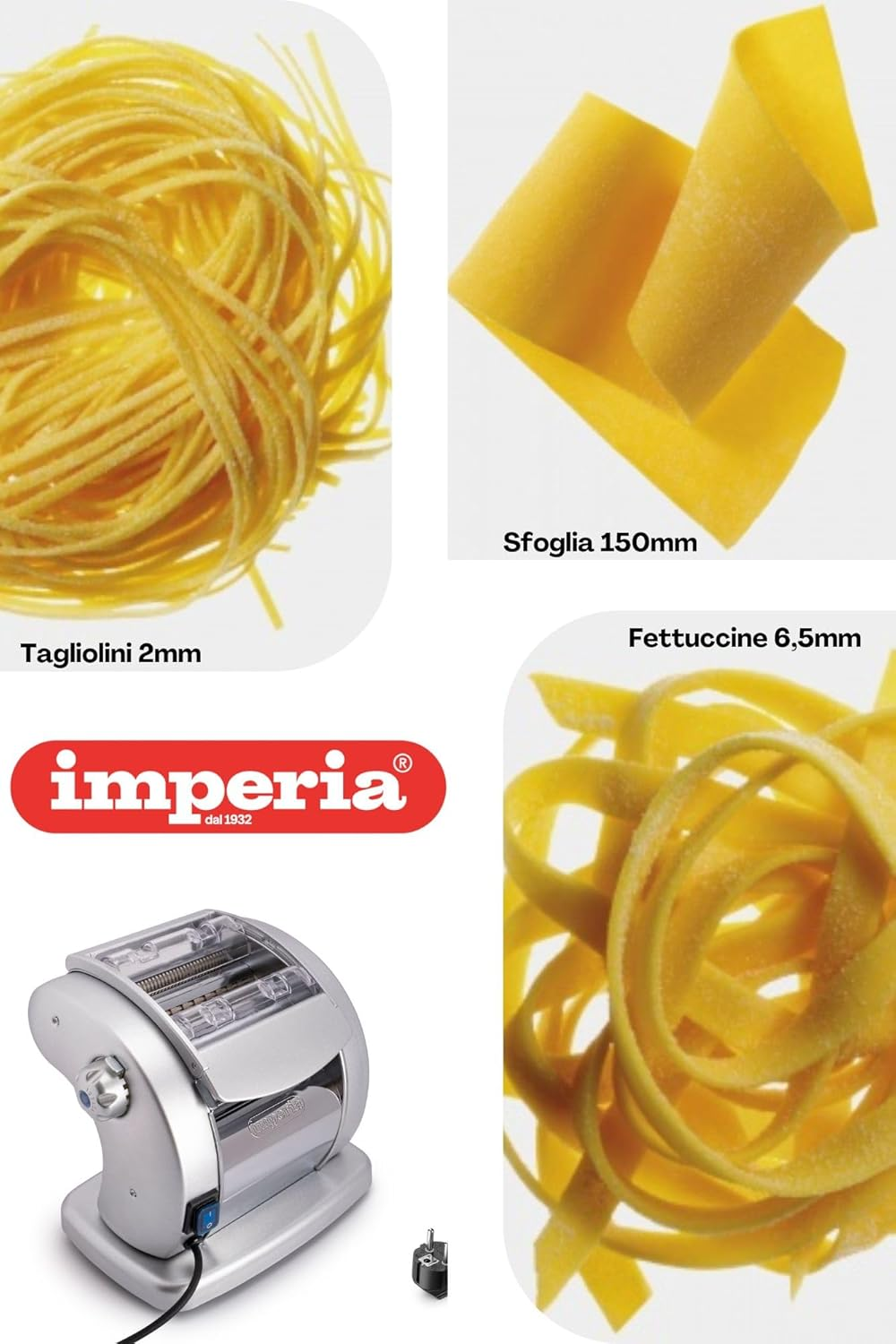 Varianti di pasta: tagliolini, sfoglia, fettuccine e una macchina per la pasta.