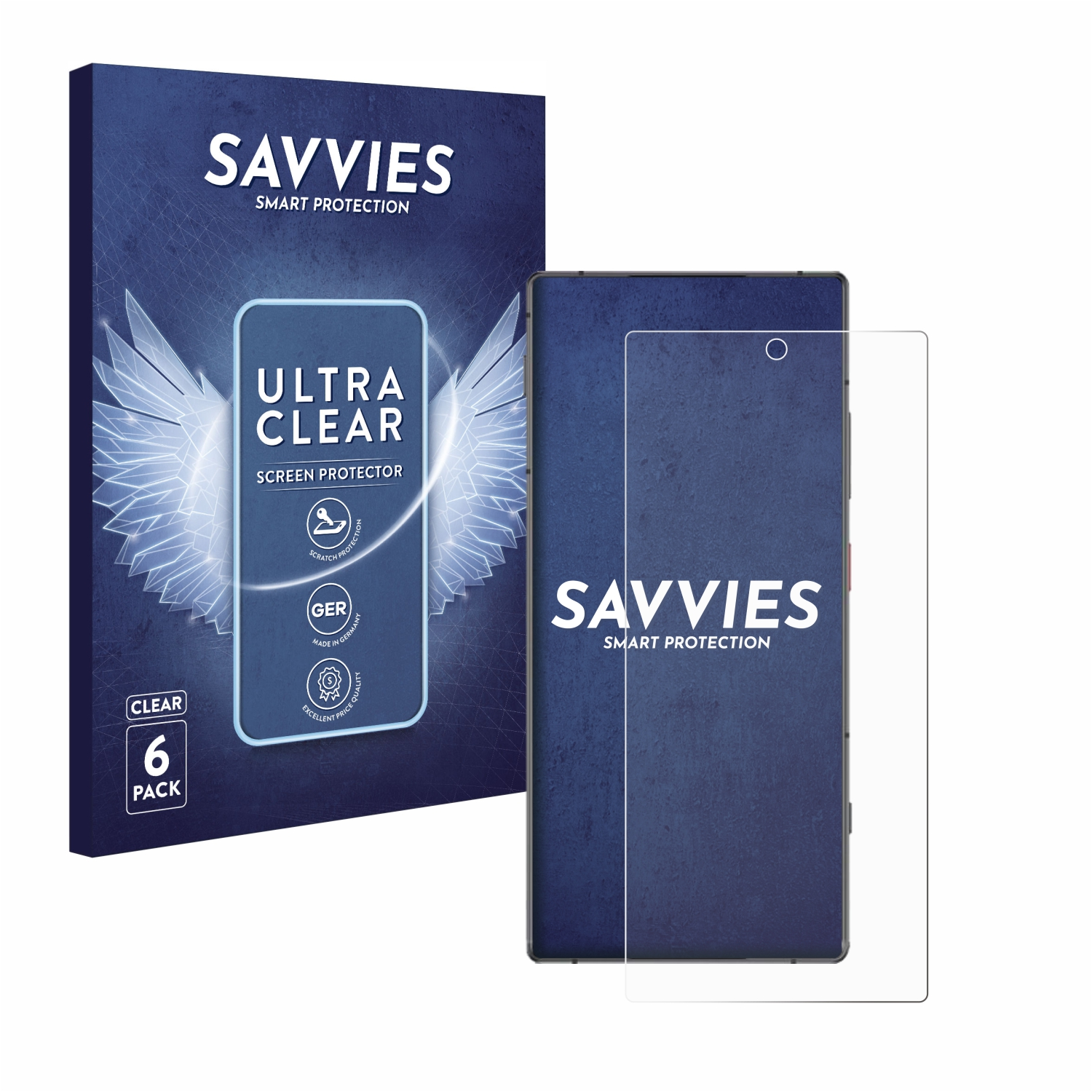 Eine Displayschutzfolienbox, ein Telefon und eine Displayschutzfolie. Auf der Box steht 'Ultra Clear'.