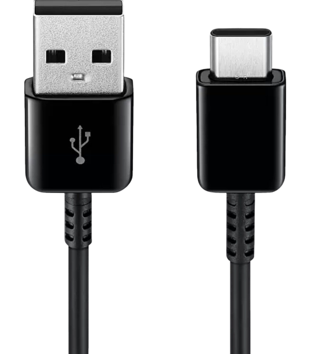 Zwei schwarze USB-Kabel, eines USB-zu-USB-C. Sie sind auf weißem Hintergrund.