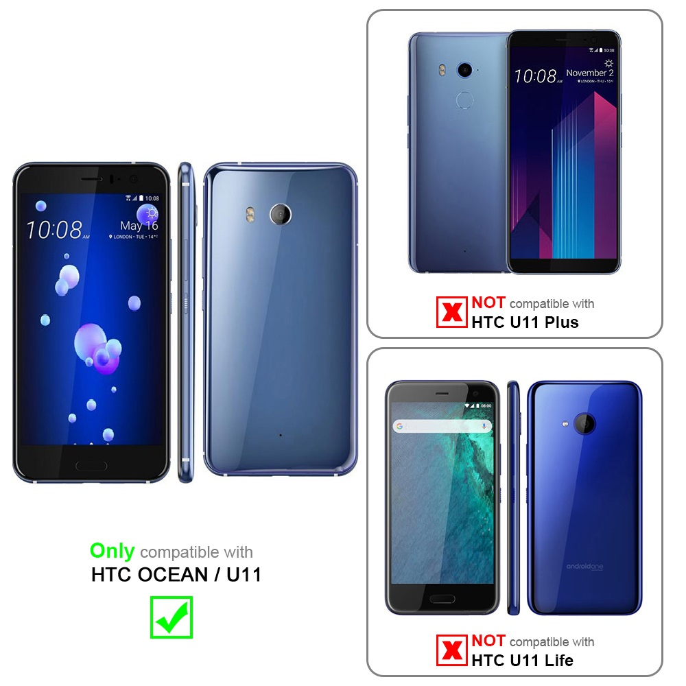 Due telefoni, uno blu e uno nero. Il testo indica la compatibilità con HTC Ocean/U11, non U11 Plus/Life.