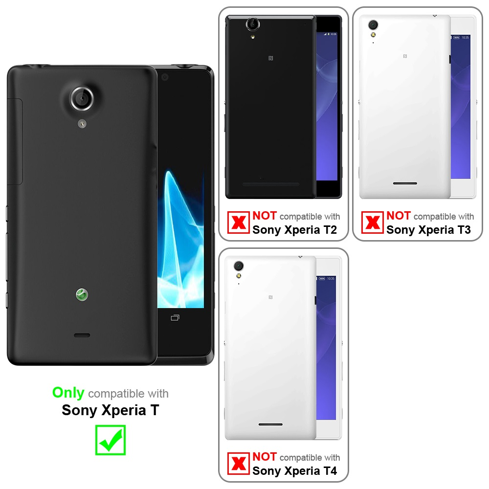 Confronto custodie per Sony Xperia T. La custodia compatibile è nera; altre custodie sono incompatibili.