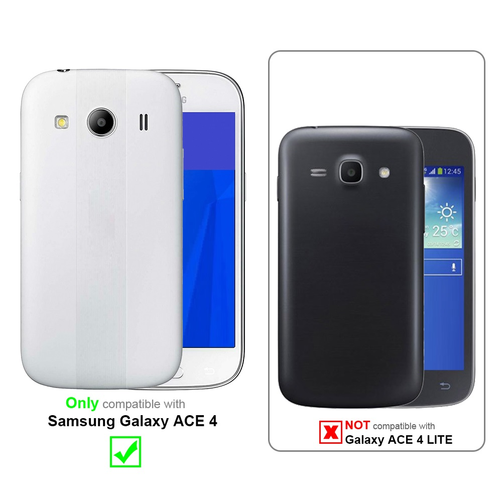Due telefoni e una custodia. Il testo indica la compatibilità con Samsung Galaxy ACE 4, non ACE 4 LITE.