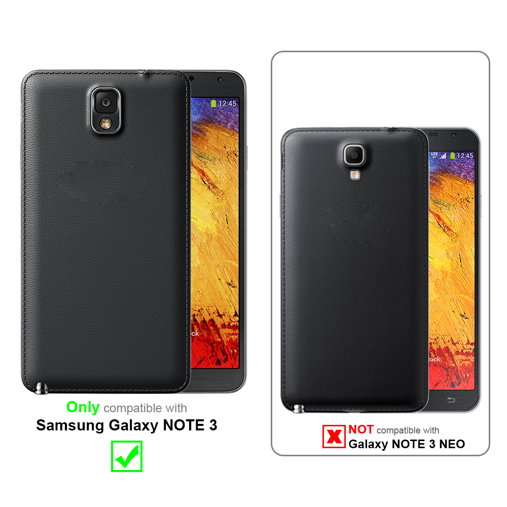 Funda de teléfono negra sobre fondo blanco. Muestra compatibilidad solo para Samsung Galaxy Note 3.