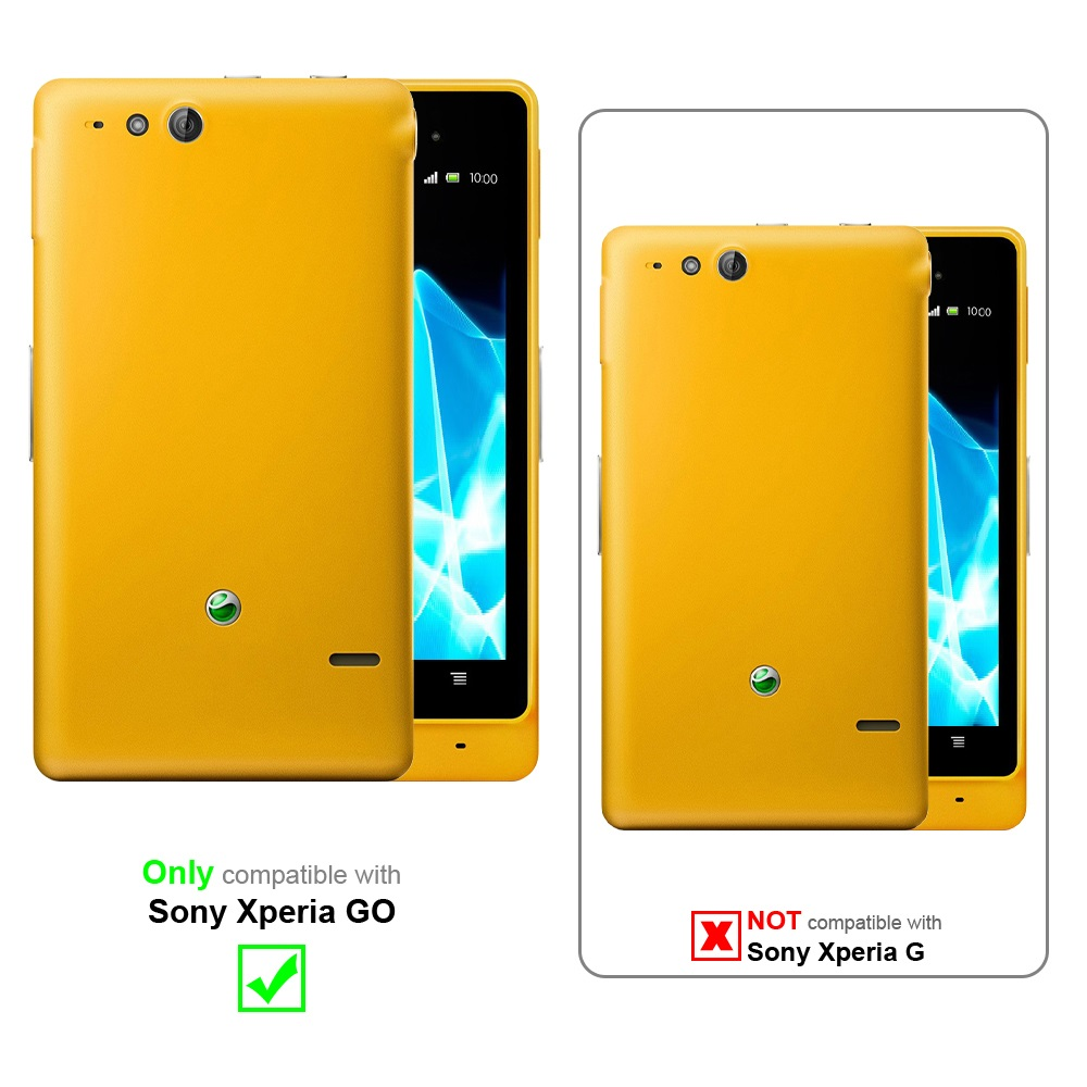 Due telefoni gialli, uno con lo schermo acceso, accanto a un telefono con schermo nero. Compatibile solo con Sony Xperia GO.