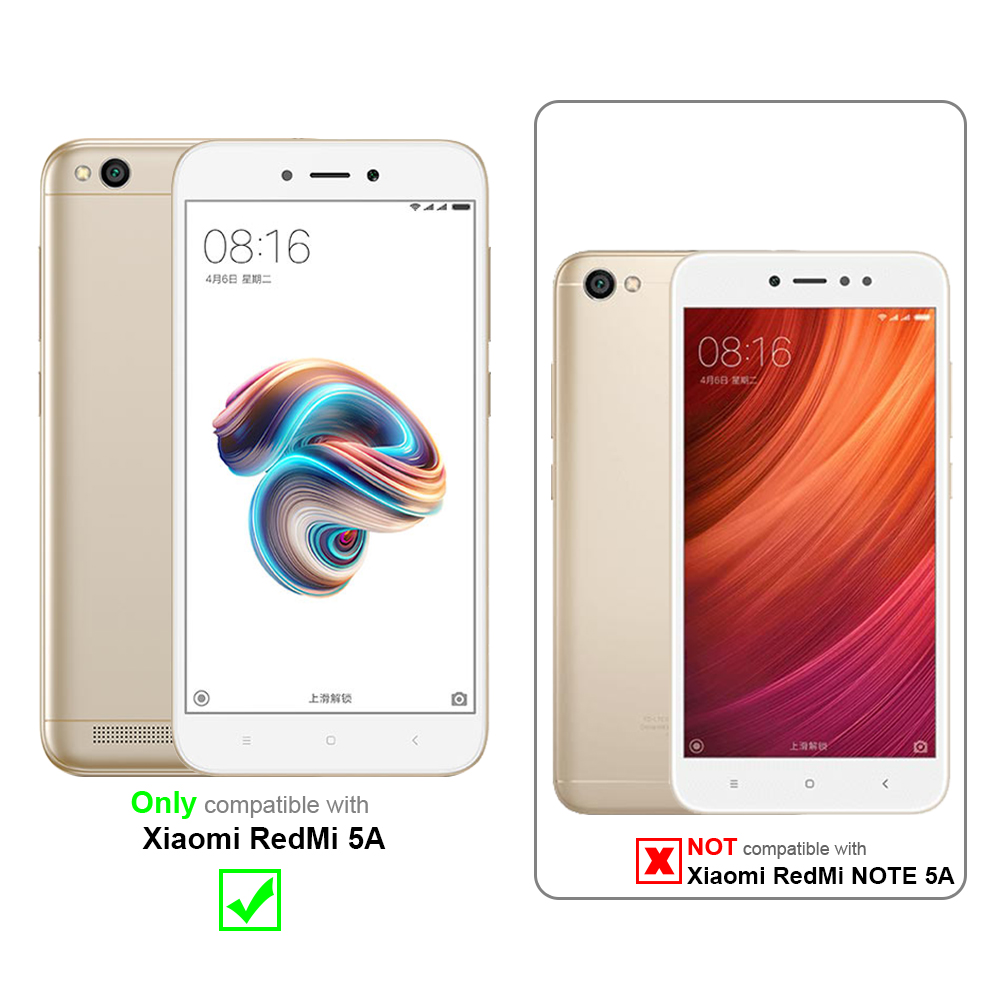 Zwei Telefone: Gold und Weiß. Text zeigt Kompatibilität mit Xiaomi Redmi 5A, nicht Redmi Note 5A.
