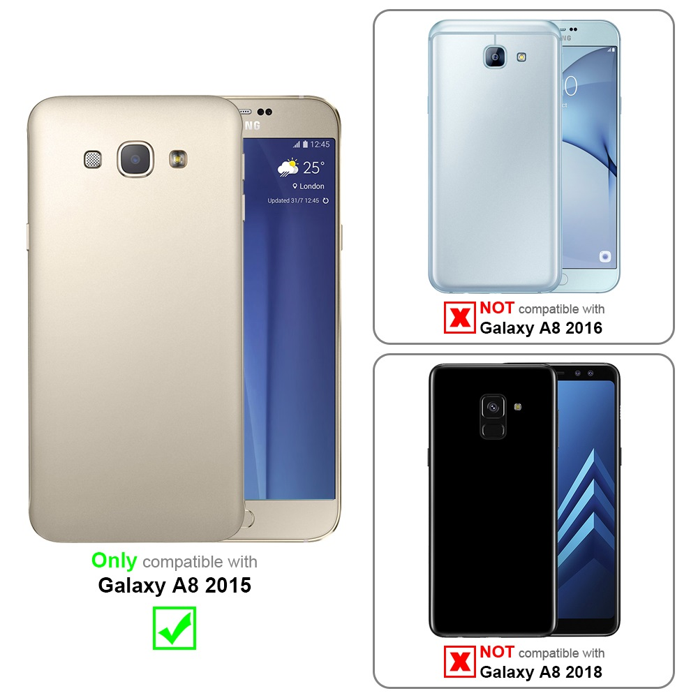 Confronto custodie per Galaxy A8 2015. La custodia compatibile è dorata; altre custodie sono incompatibili.