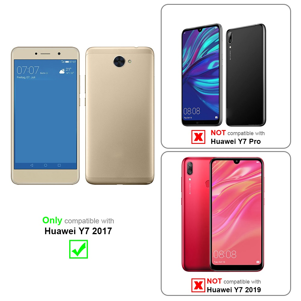 Vergleich von Handys. Kompatibel: Huawei Y7 2017. Nicht kompatibel: Y7 Pro und Y7 2019. Goldene und rote Handys.