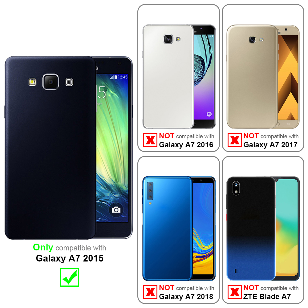 Quattro telefoni con custodie, vengono visualizzate le informazioni sulla compatibilità. Un telefono è blu navy.
