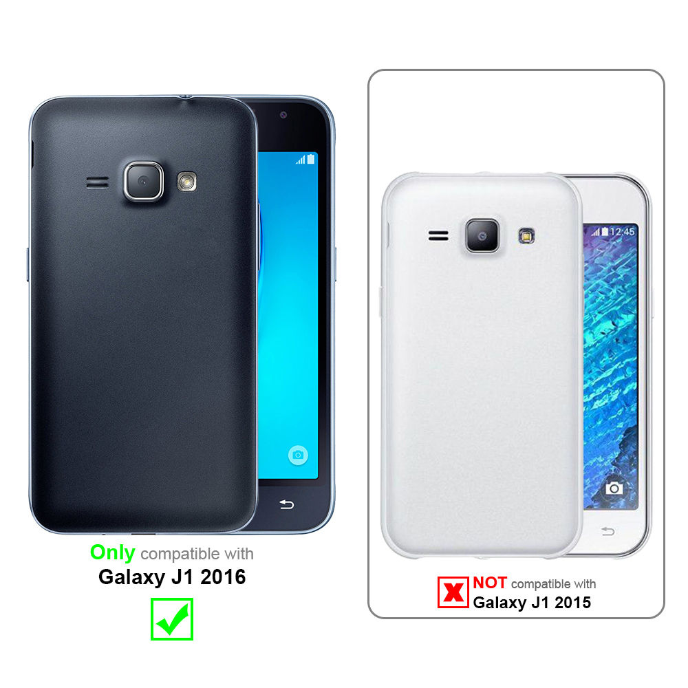 Due telefoni. Uno in custodia scura, l'altro no. Testo: Compatibile con Galaxy J1 2016.