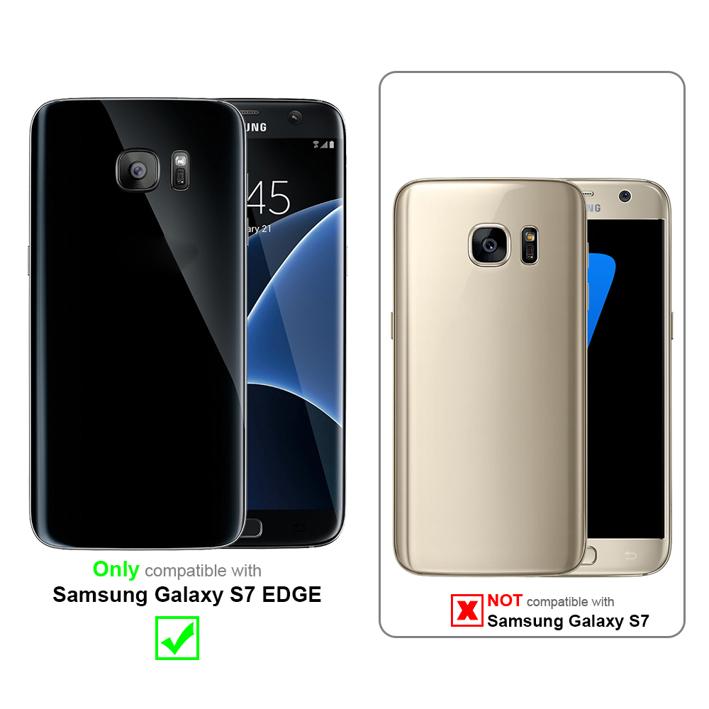 Dos teléfonos y fundas uno al lado del otro, uno negro, otro dorado, con texto sobre compatibilidad.