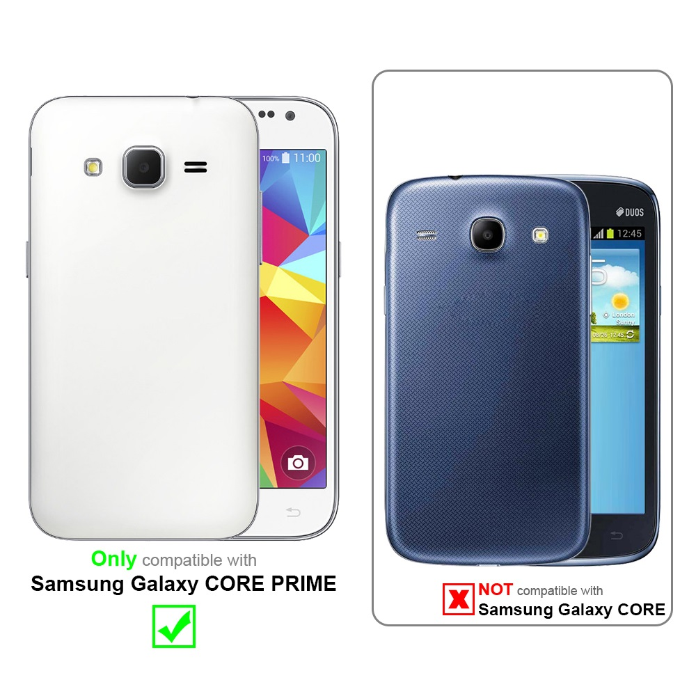 Due telefoni, bianco e blu, con custodie. Testo: Compatibile solo con Samsung Galaxy CORE PRIME.