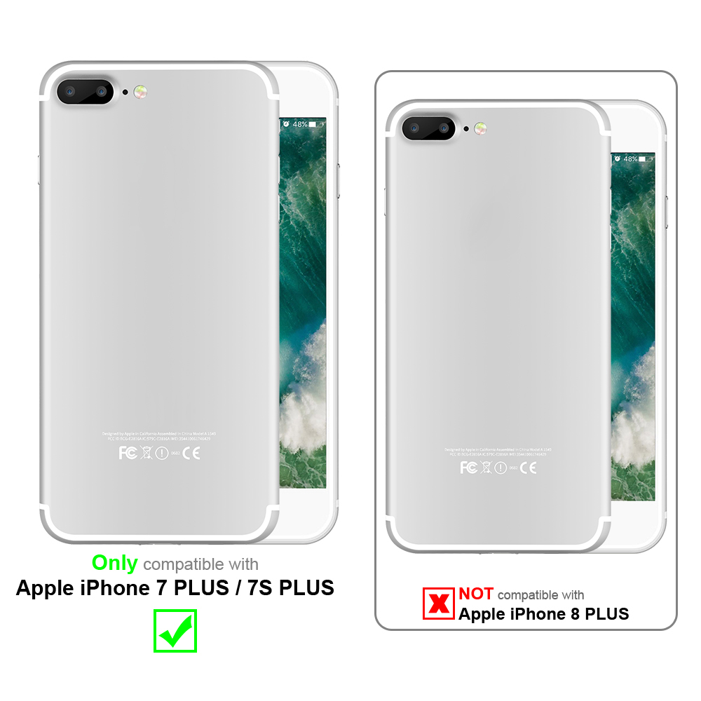 Due custodie per iPhone, una su un telefono. La custodia a sinistra dice 'Compatibile con iPhone 7 PLUS/7S PLUS'.
