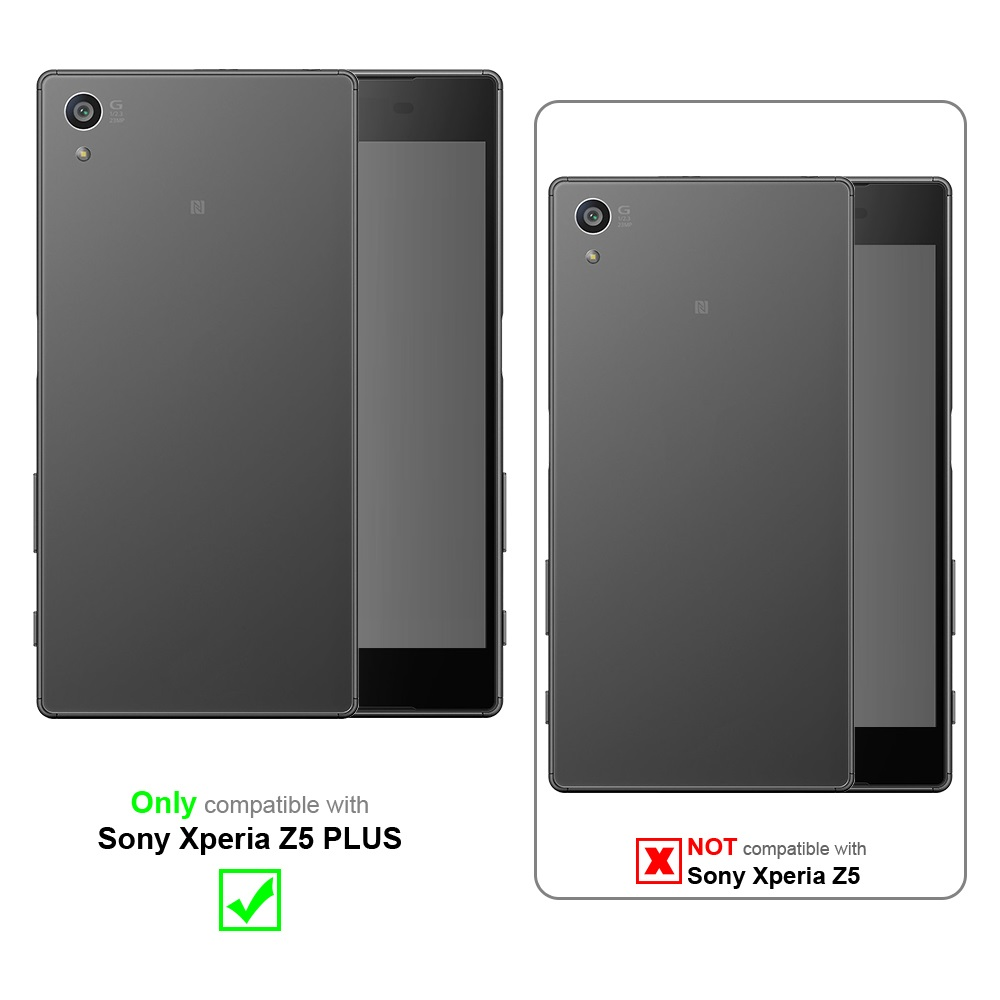 Due telefoni: grigio scuro. Il testo indica la compatibilità con Sony Xperia Z5 PLUS, non Sony Xperia Z5.