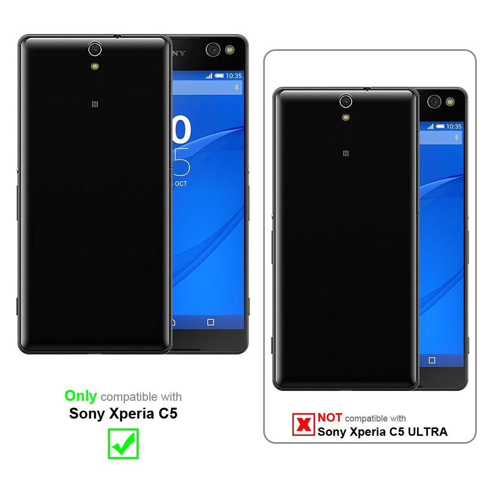 Due telefoni neri affiancati, uno con display e uno senza. Il testo dice: Solo compatibile con Sony Xperia C5.