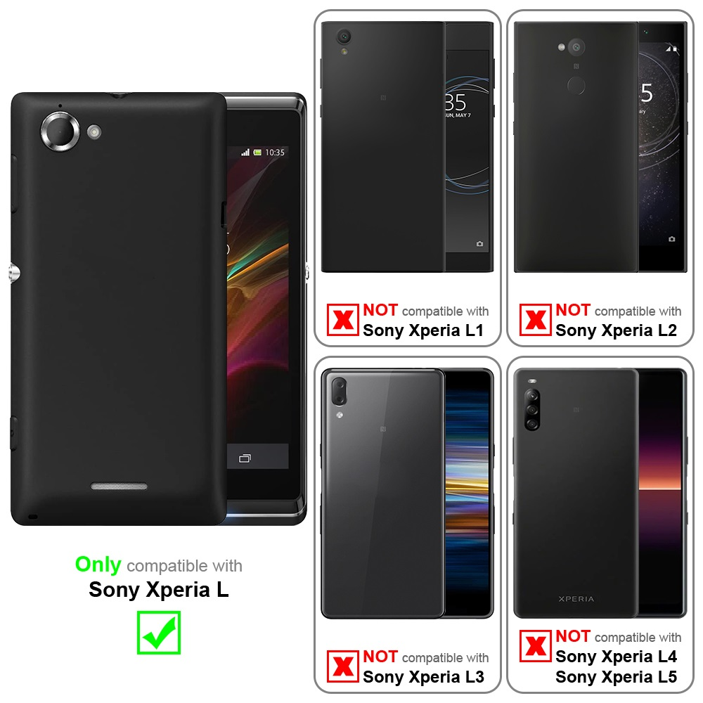 Funda negra junto a teléfonos. Compatible solo con Sony Xperia L. No compatible con otros modelos.