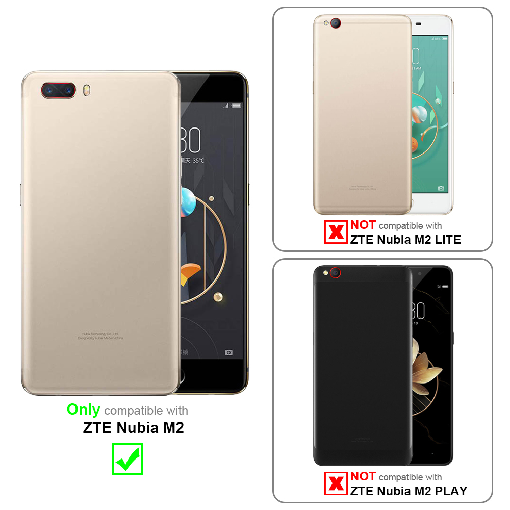 Zwei Smartphones. Eines beige, eines schwarz. Texte, die die Kompatibilität angeben.