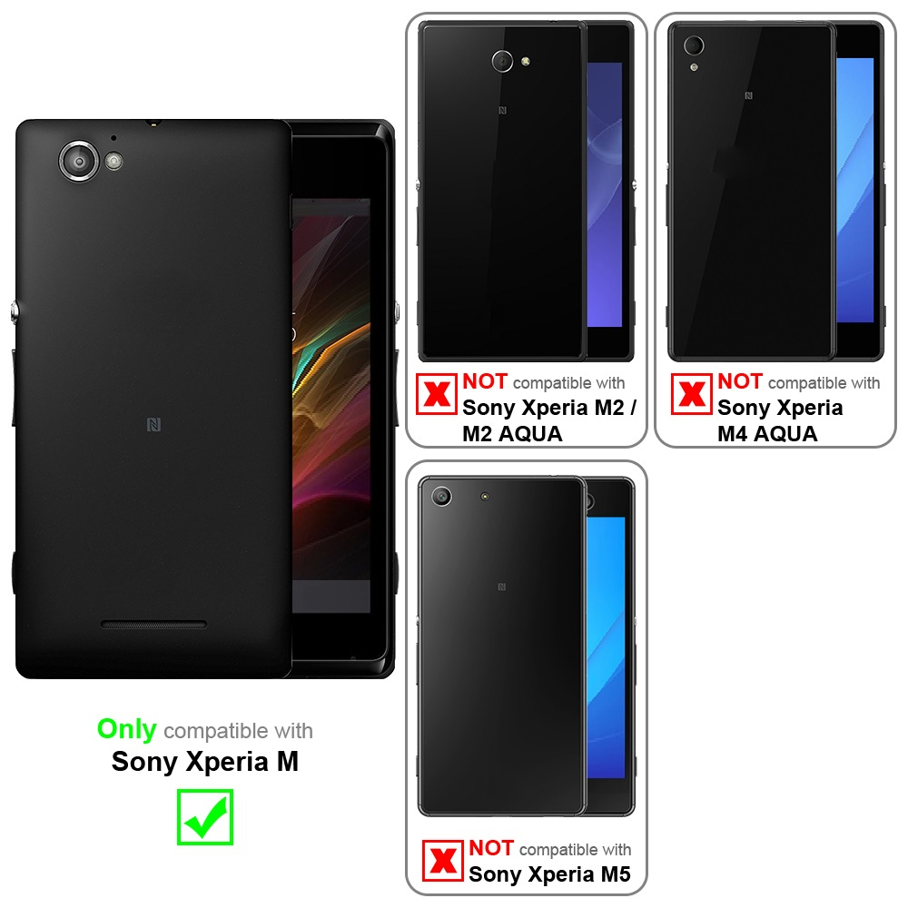 Telefono nero con custodia. L'immagine mostra la compatibilità con Xperia M, ma non con altri modelli.