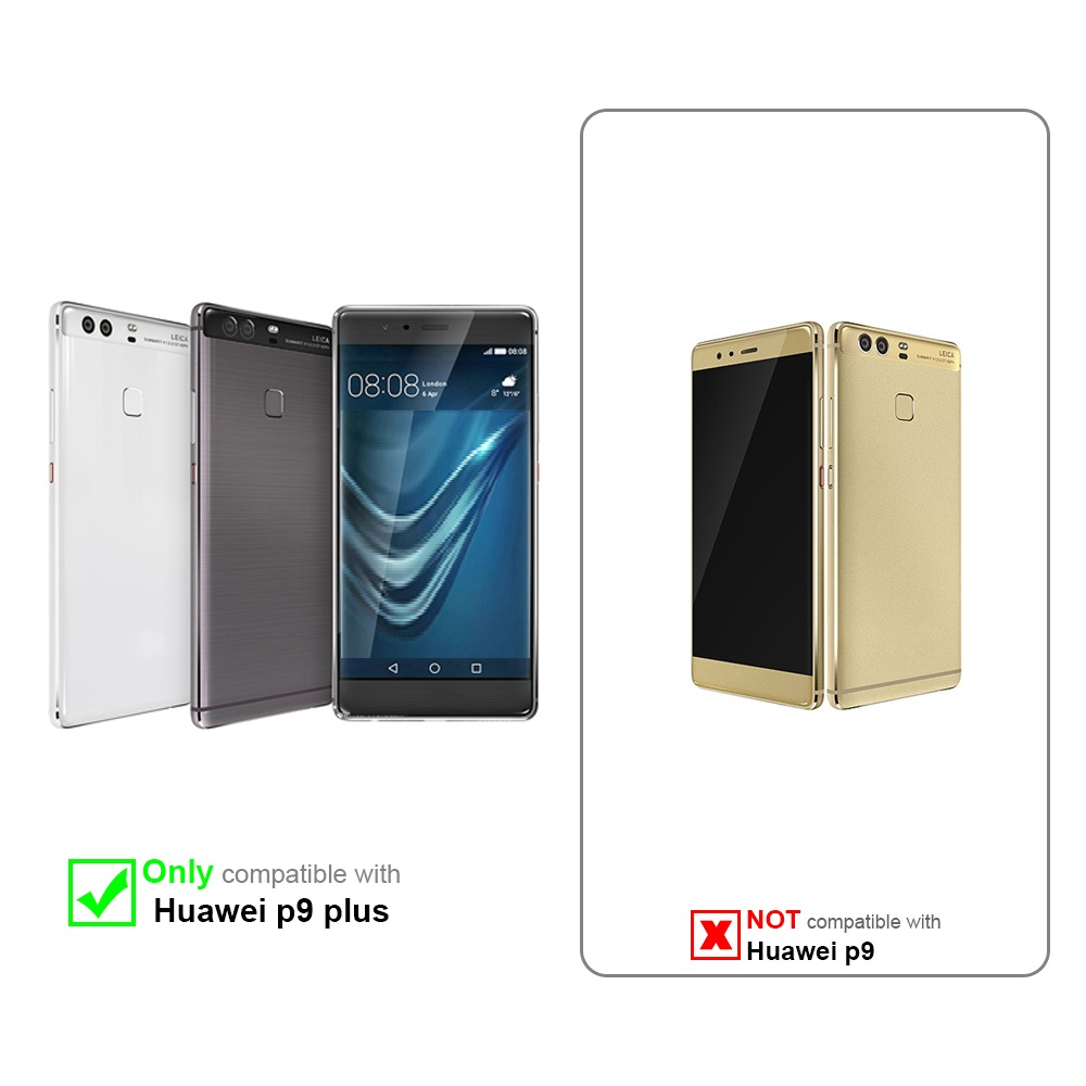 Tres teléfonos, uno negro, dos grises/blancos. Compatible con Huawei P9 plus, no con P9. Marca verde/X roja.