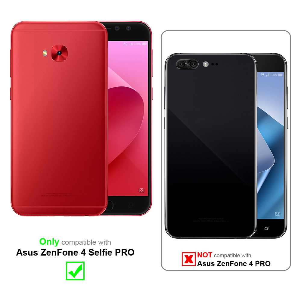 L'immagine mostra telefoni, uno compatibile e uno no, con testo che indica la compatibilità con Asus ZenFone 4 Selfie PRO.