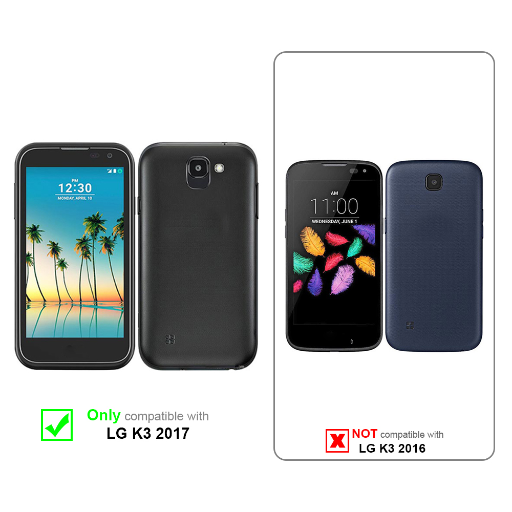 Confronto custodie per LG K3 2017. La custodia compatibile è nera; altre custodie sono incompatibili.