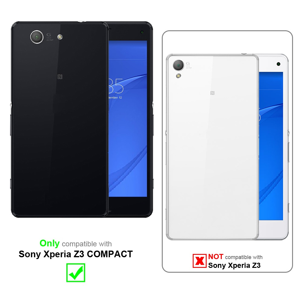 Zwei Smartphones, eines schwarz und eines weiß, mit Kompatibilitätsinformationen auf dem Bild.