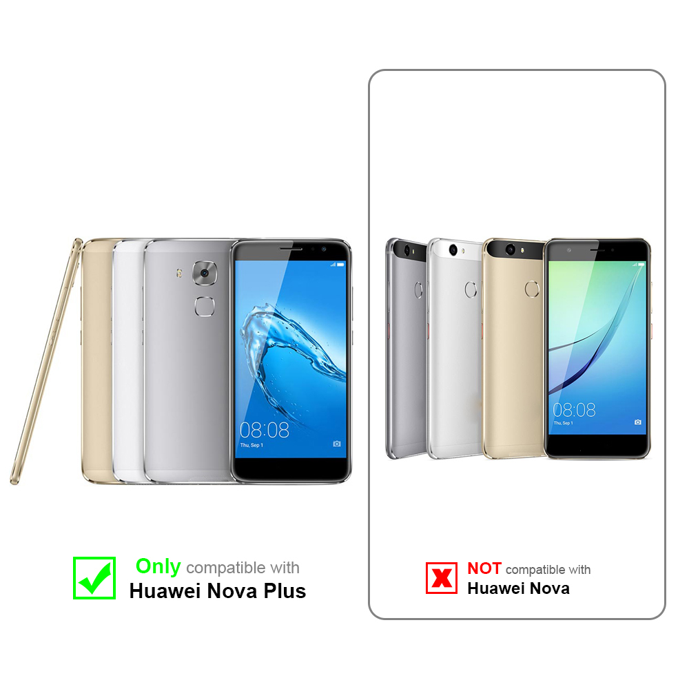 Confronto custodie per Huawei Nova Plus. La custodia compatibile è dorata; altre custodie sono incompatibili.