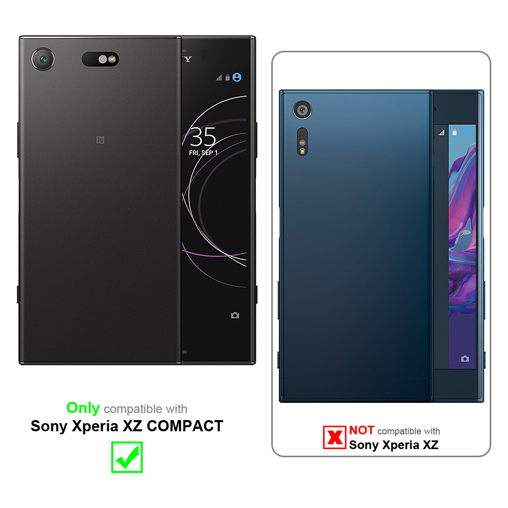 Due telefoni, uno nero e uno blu, con custodie. Il testo indica la compatibilità solo con Sony Xperia XZ Compact.