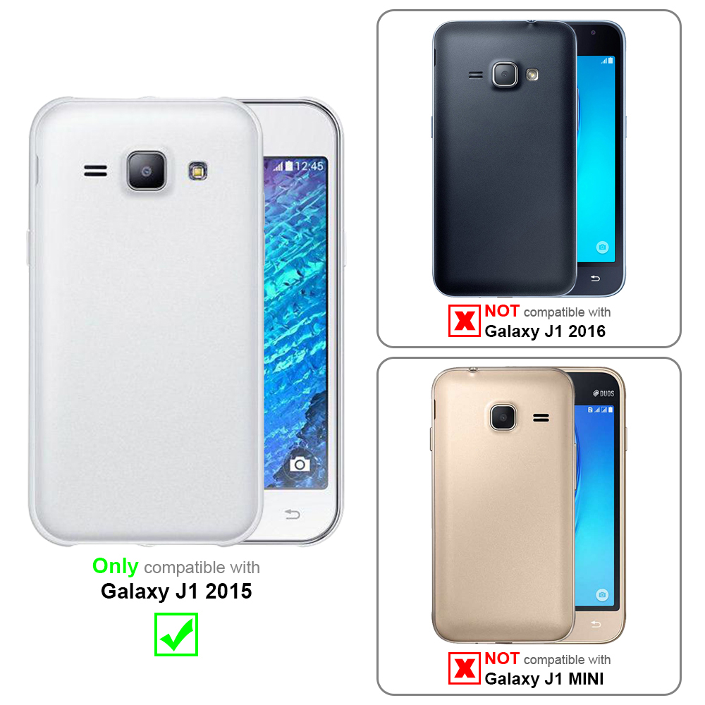 Weiße Handyhülle neben Handys. Nur kompatibel mit Galaxy J1 2015. Nicht kompatibel mit anderen Modellen.