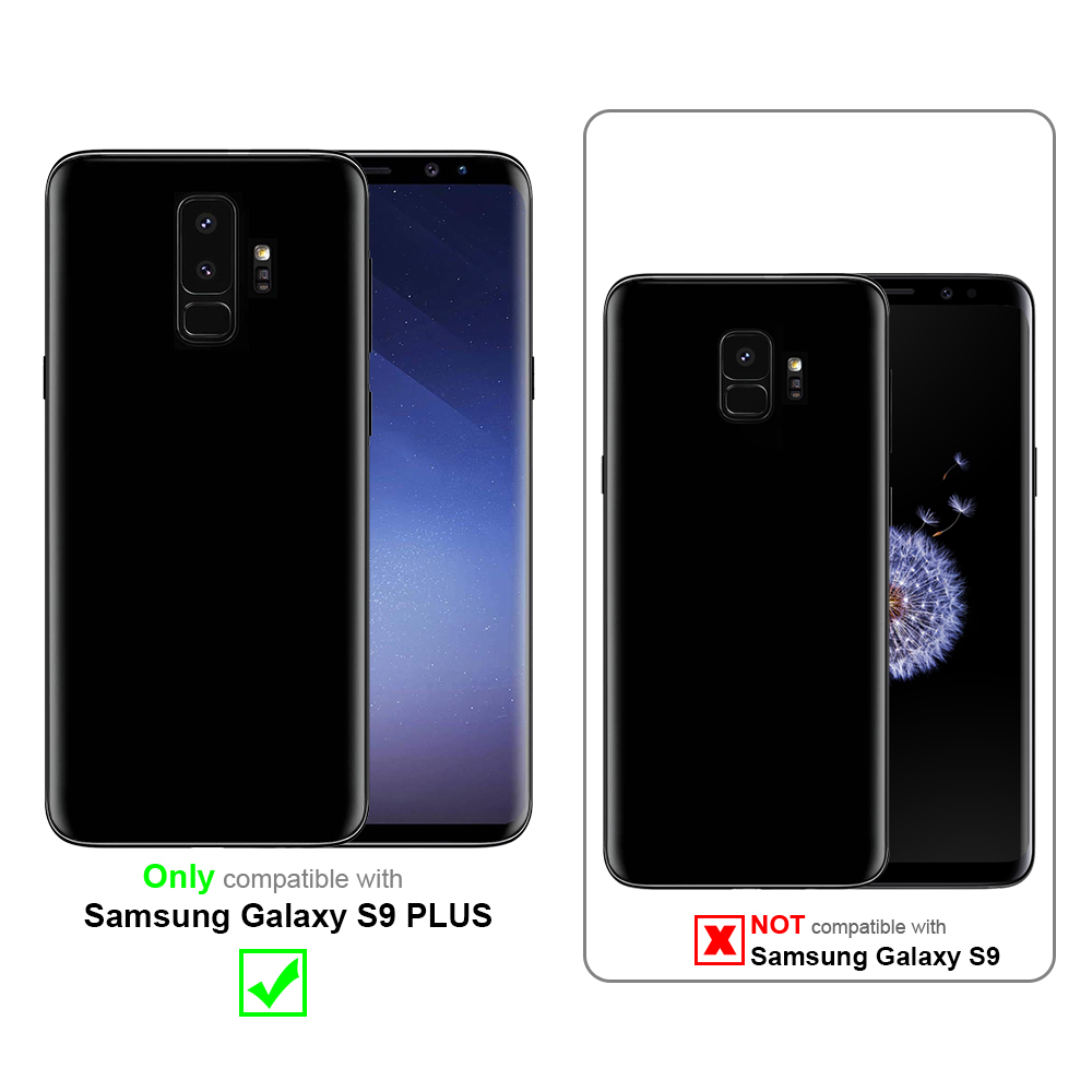 Due telefoni con custodie nere, uno compatibile con Samsung Galaxy S9 PLUS. L'altro non è compatibile con S9.