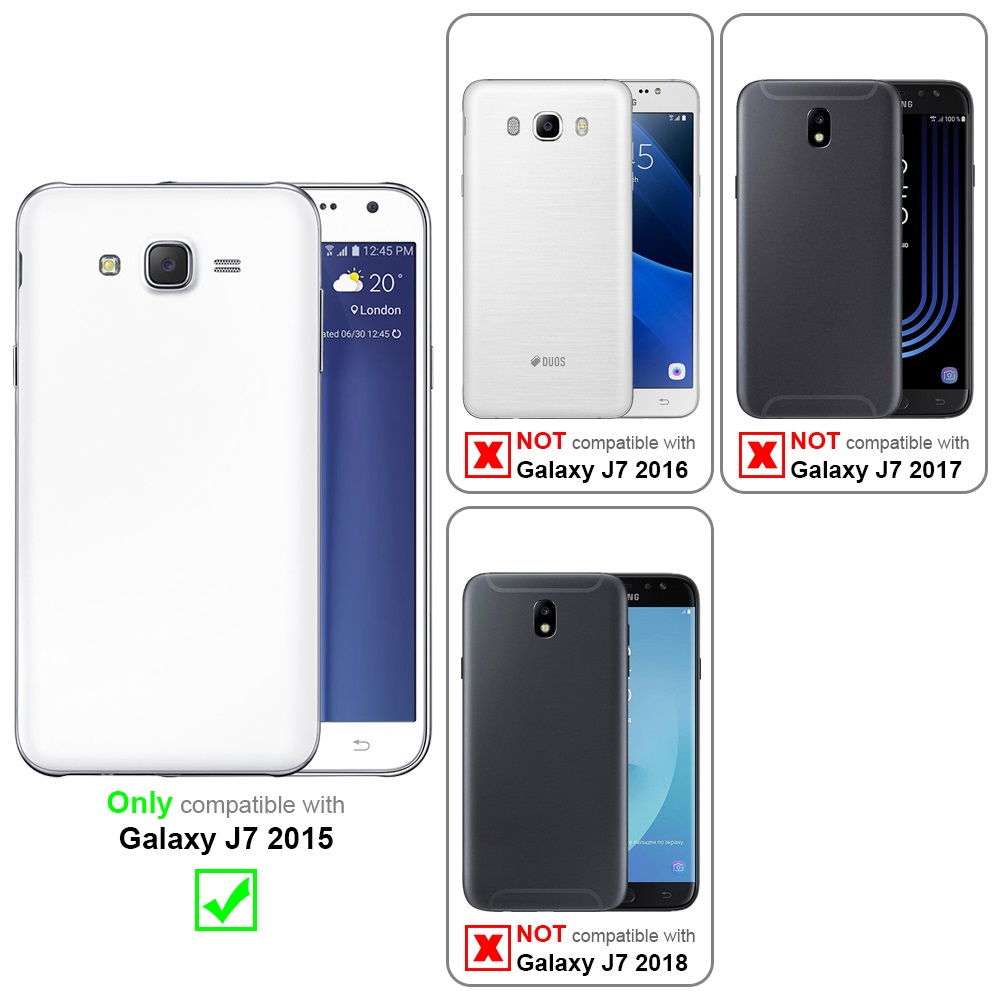 Tre telefoni e custodie, uno compatibile e due no. Il telefono compatibile è bianco.