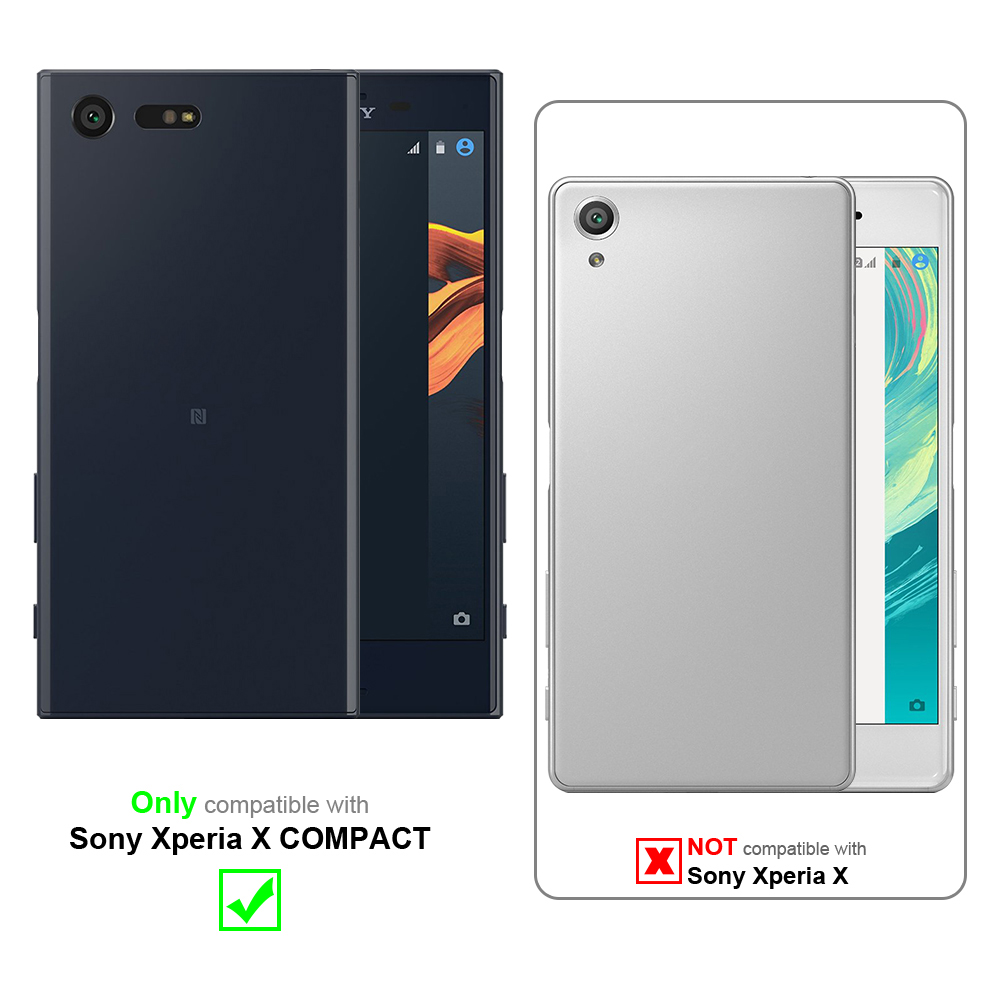 Telefono nero con custodia. L'immagine mostra la compatibilità con Xperia X COMPACT, ma non con X.