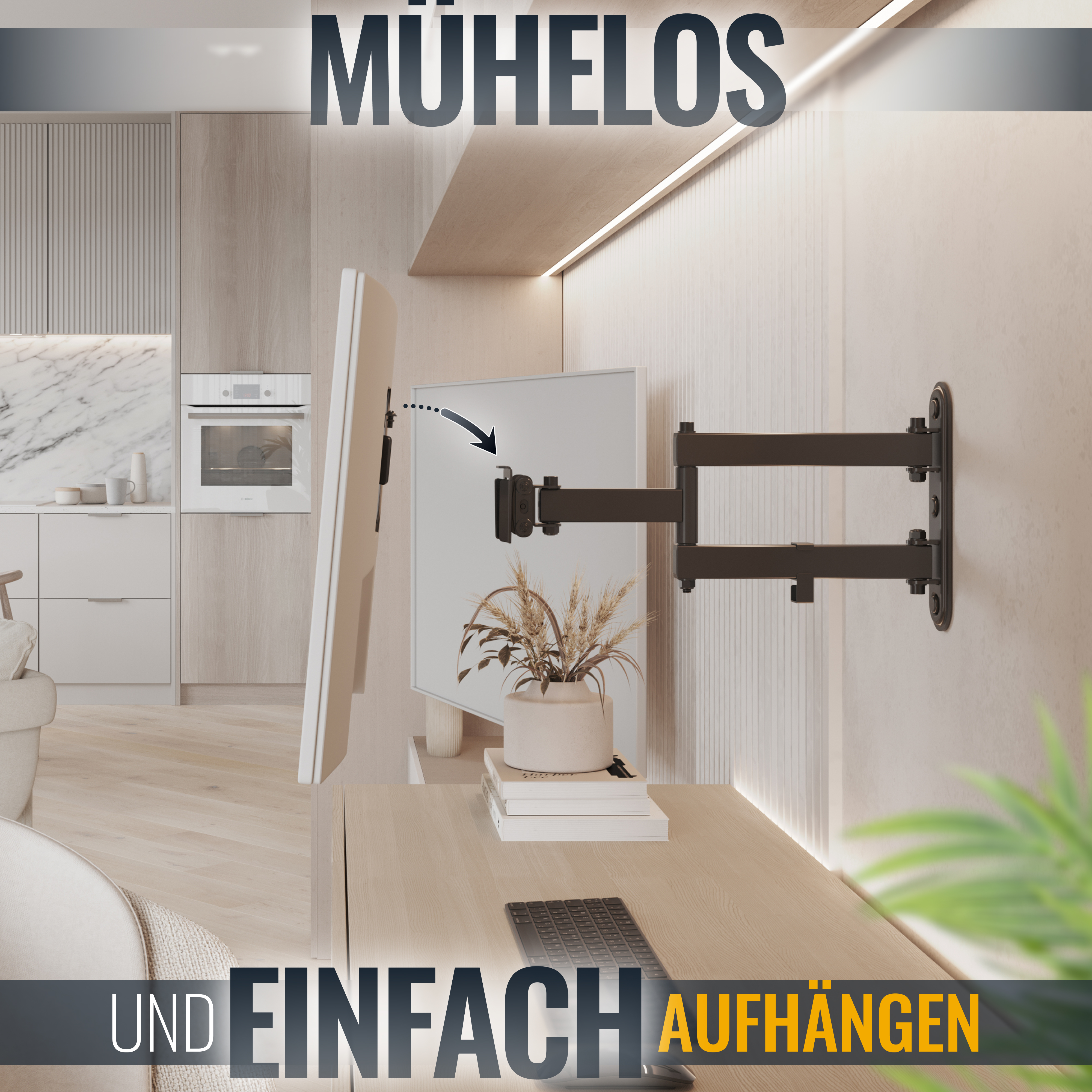Fernseher an der Wand montiert, Schwenkarm. Modernes Wohnzimmer mit Dekoration.