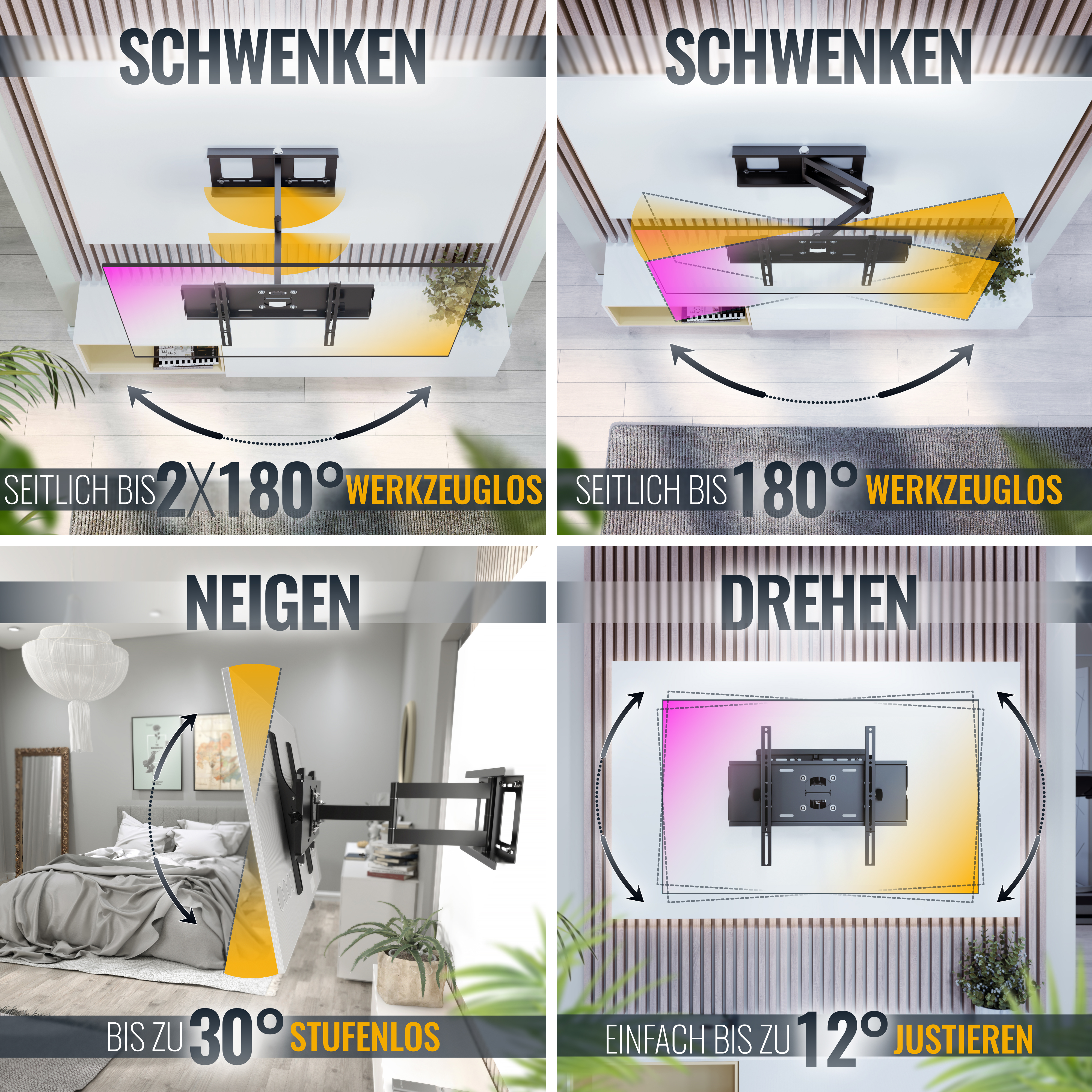 Anweisungen zur TV-Halterung, die verschiedene Schwenk- und Neigeoptionen für einen Fernseher zeigen.