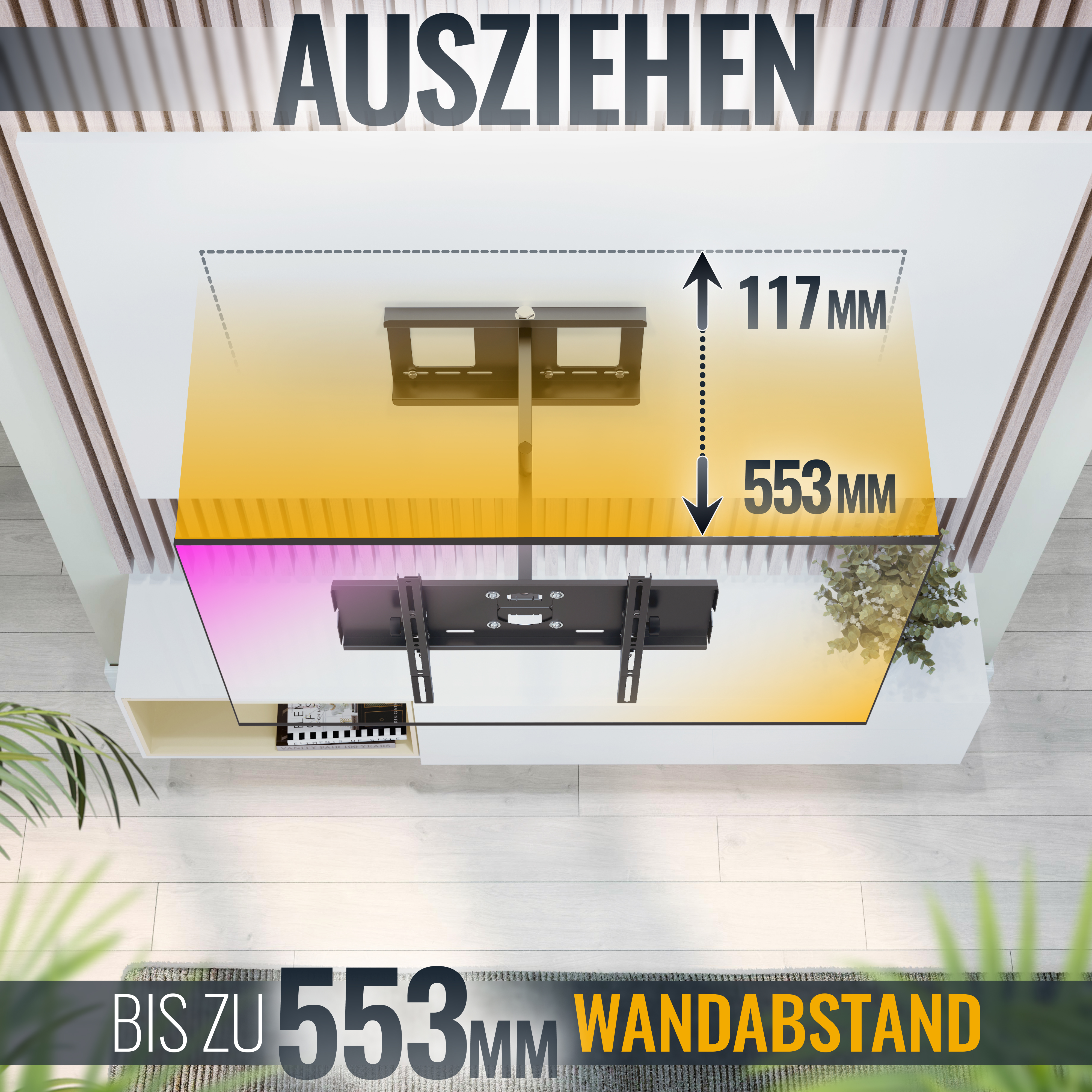 An der Wand befestigter Fernseher, mit Abstandsmessungen und Text, Draufsicht.
