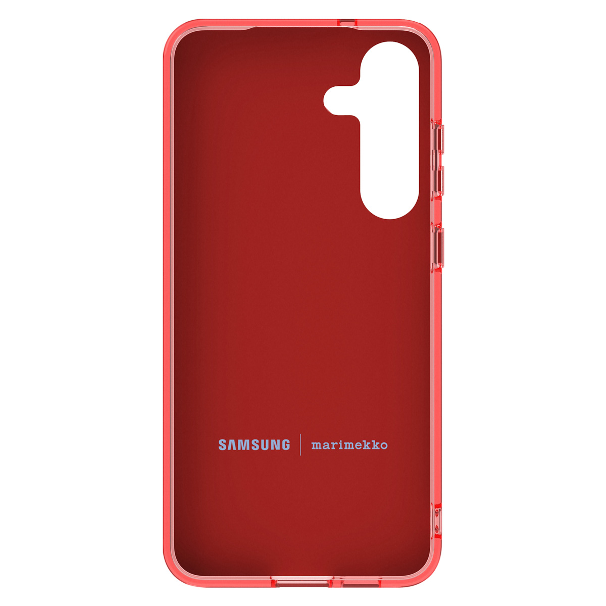 Una funda roja para teléfono con texto 'SAMSUNG | marimekko', mostrando el interior.