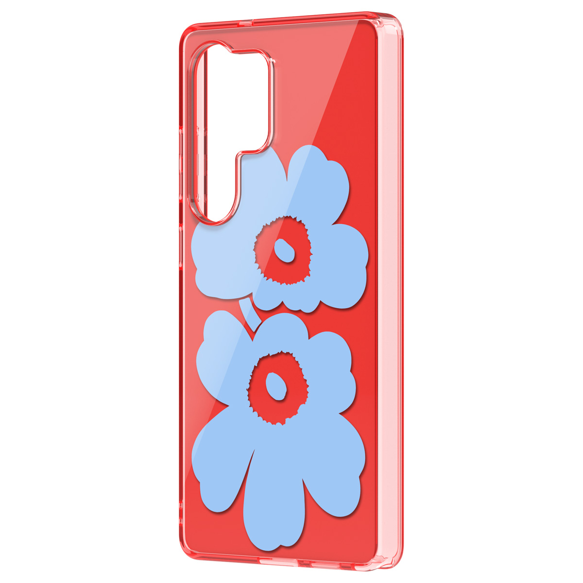 Funda roja para teléfono con diseño floral azul. La funda es transparente.