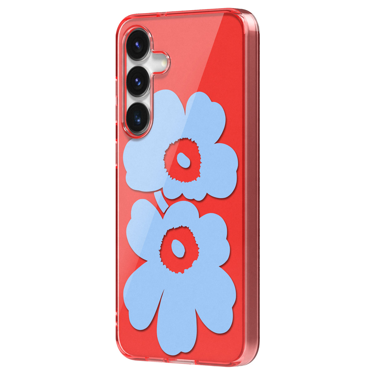 Una funda roja para teléfono con dos diseños de flores celeste.
