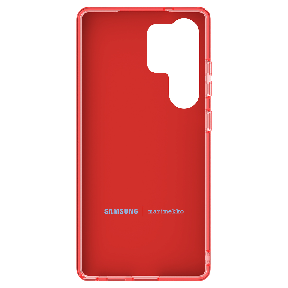 Funda de teléfono roja, vista interior. Con recorte para cámara y logo Samsung/Marimekko.