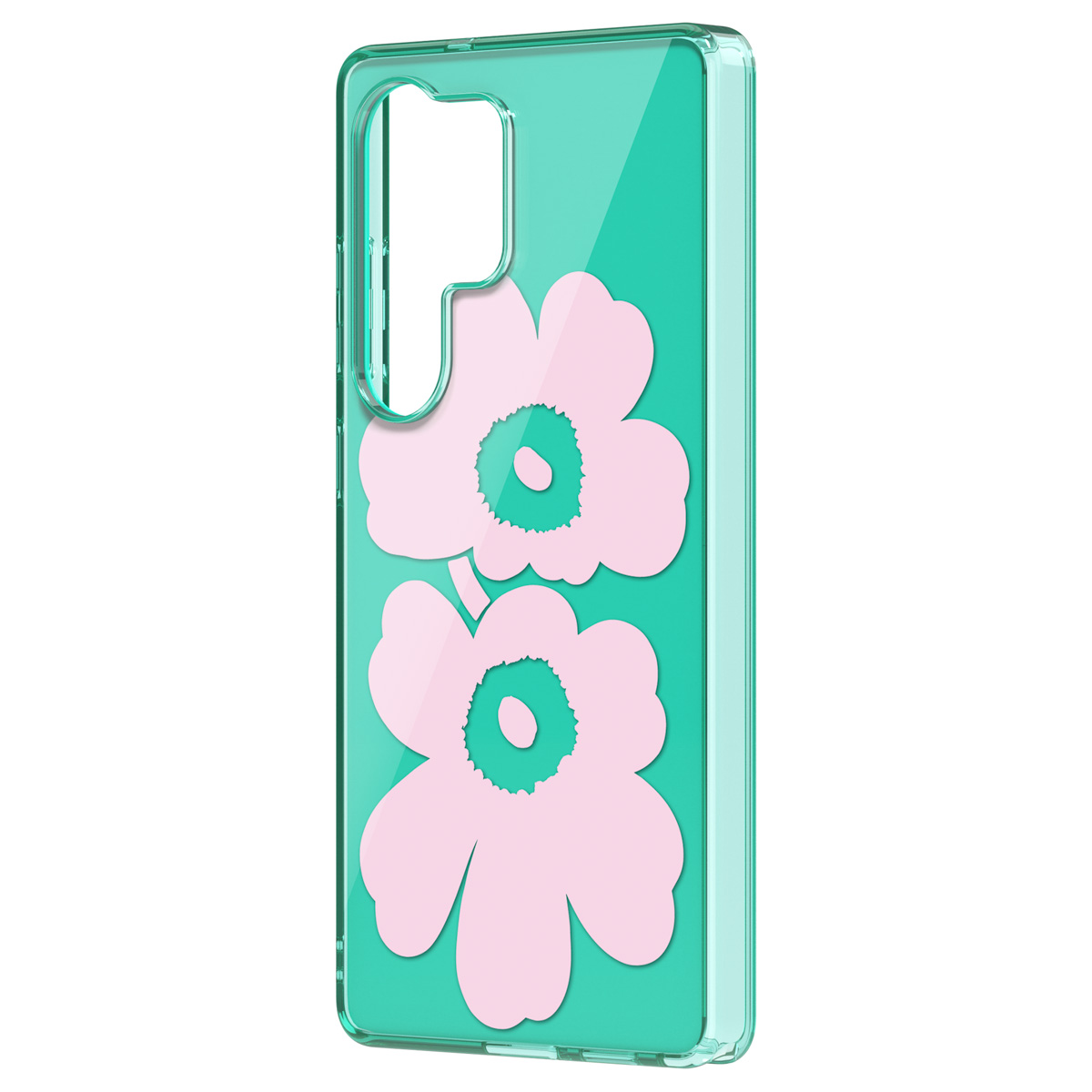 Eine transparente, türkisfarbene Handyhülle mit rosa Blumendesign.