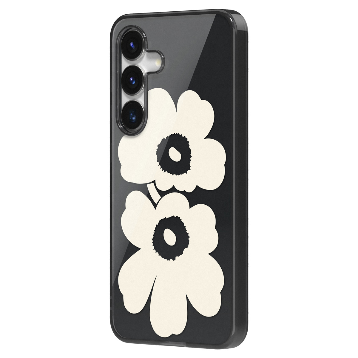 Custodia per telefono nera con motivo a fiori bianchi.