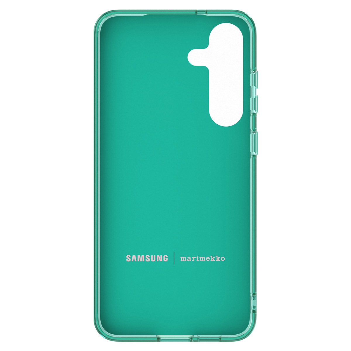 Una custodia per telefono trasparente verde acqua con marchio 'SAMSUNG | marimekko'.