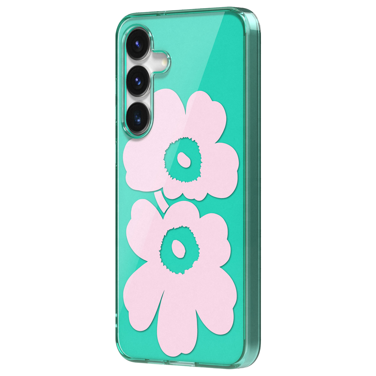 Custodia per telefono verde con motivo floreale rosa.