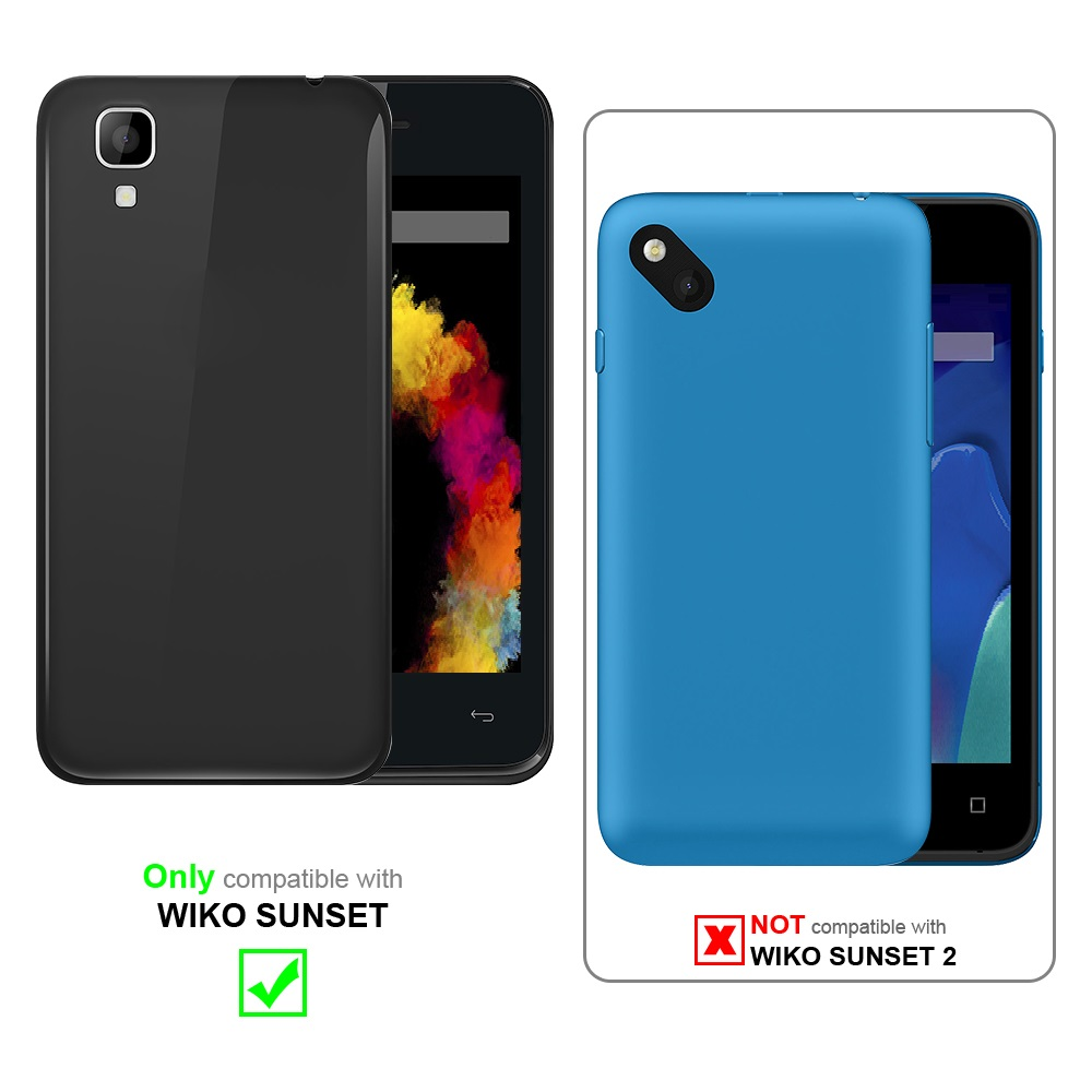 Zwei Telefone nebeneinander. Eines hat eine schwarze Hülle, das andere eine blaue. Text: Nur kompatibel mit Wiko.
