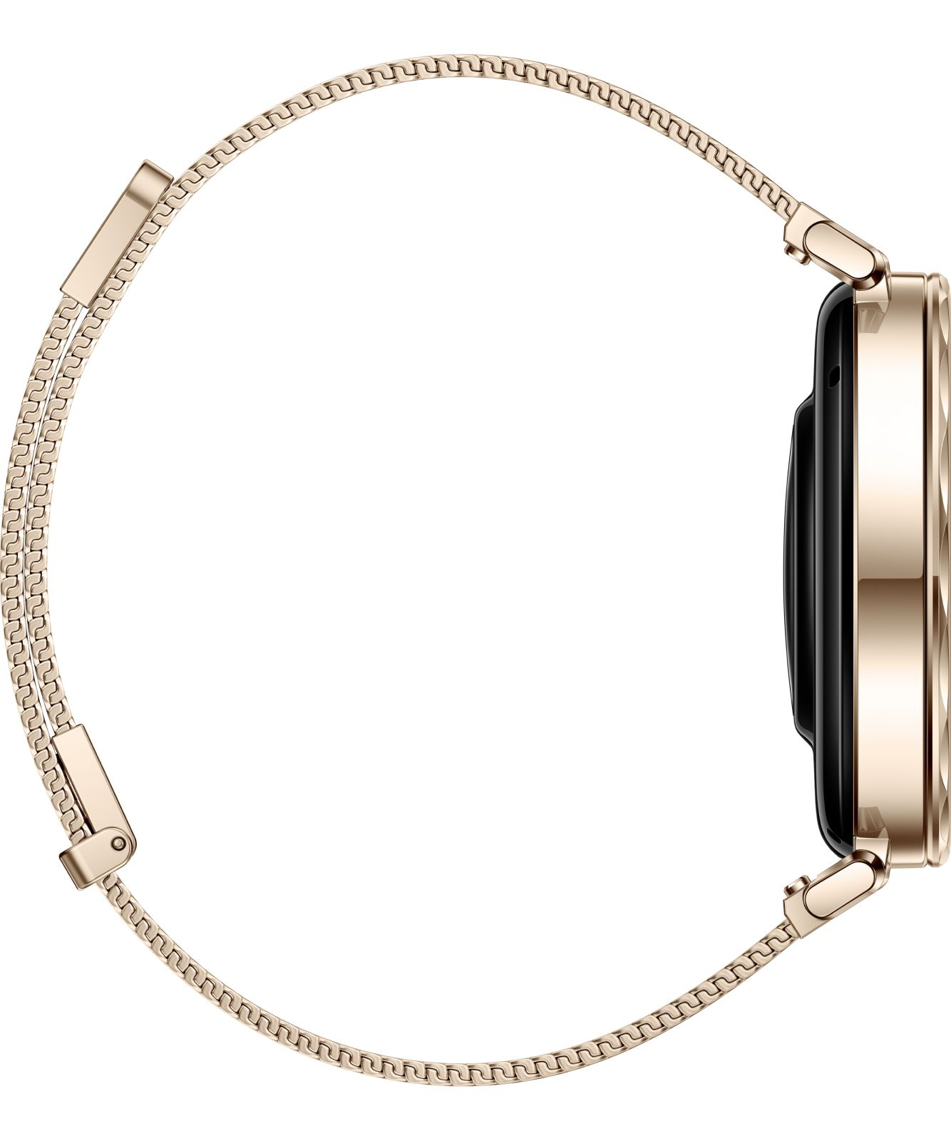 Gouden smartwatch met een mesh band, zijaanzicht.