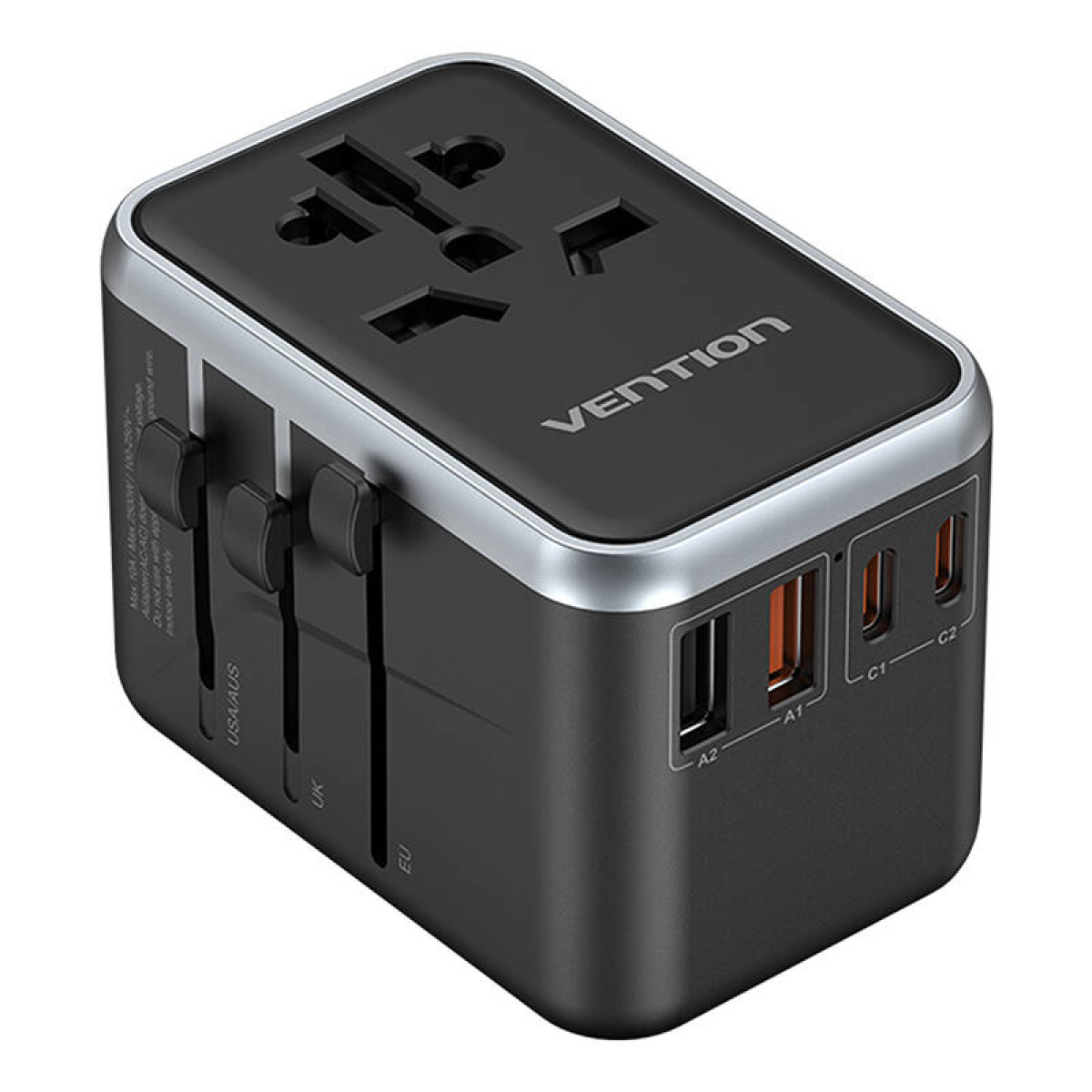 Ein schwarzer und silberner Universaladapter mit verschiedenen Steckertypen und USB-Anschlüssen.